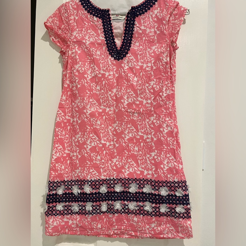 Pink Floral Dress with Navy Accents